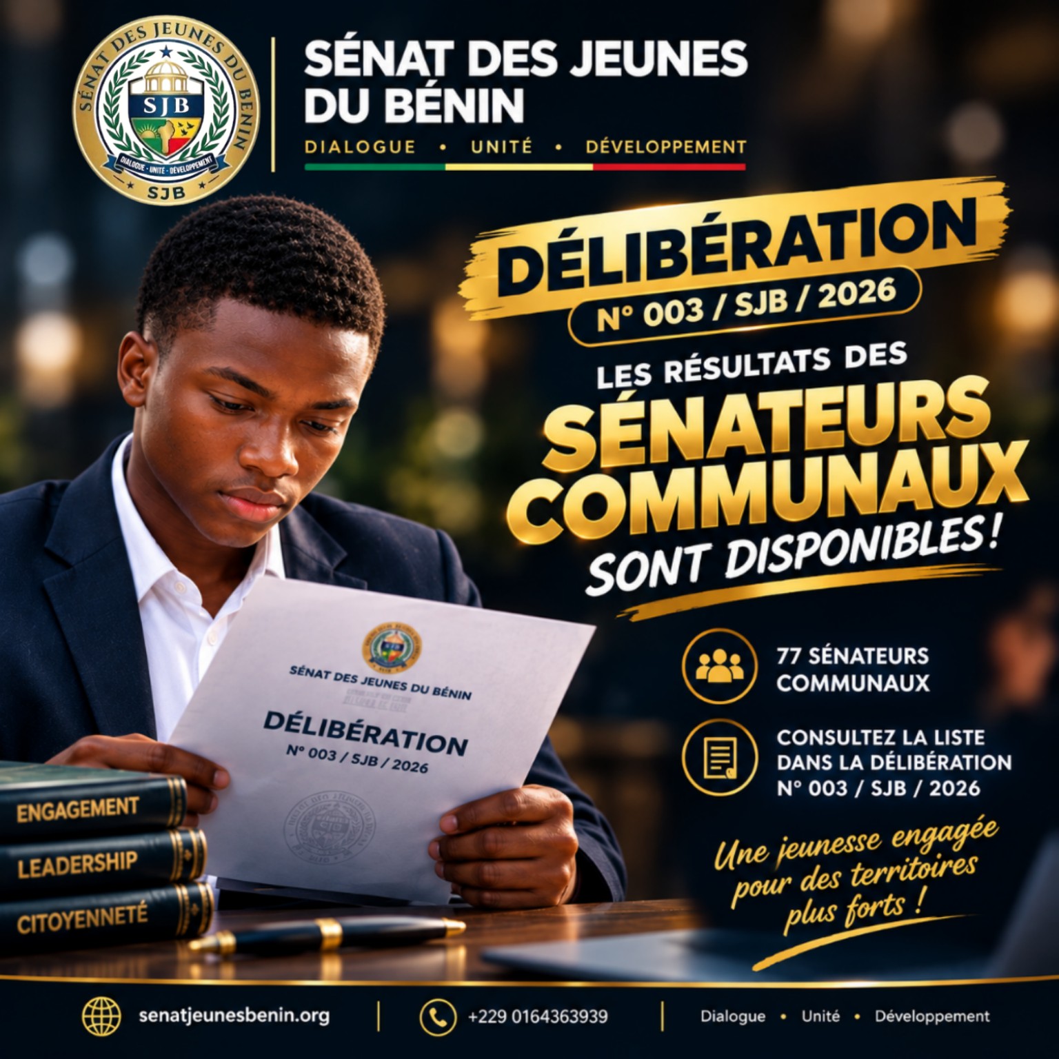 Affiche officielle — Délibération des Sénateurs communaux disponible sur senatjeunesbenin.org