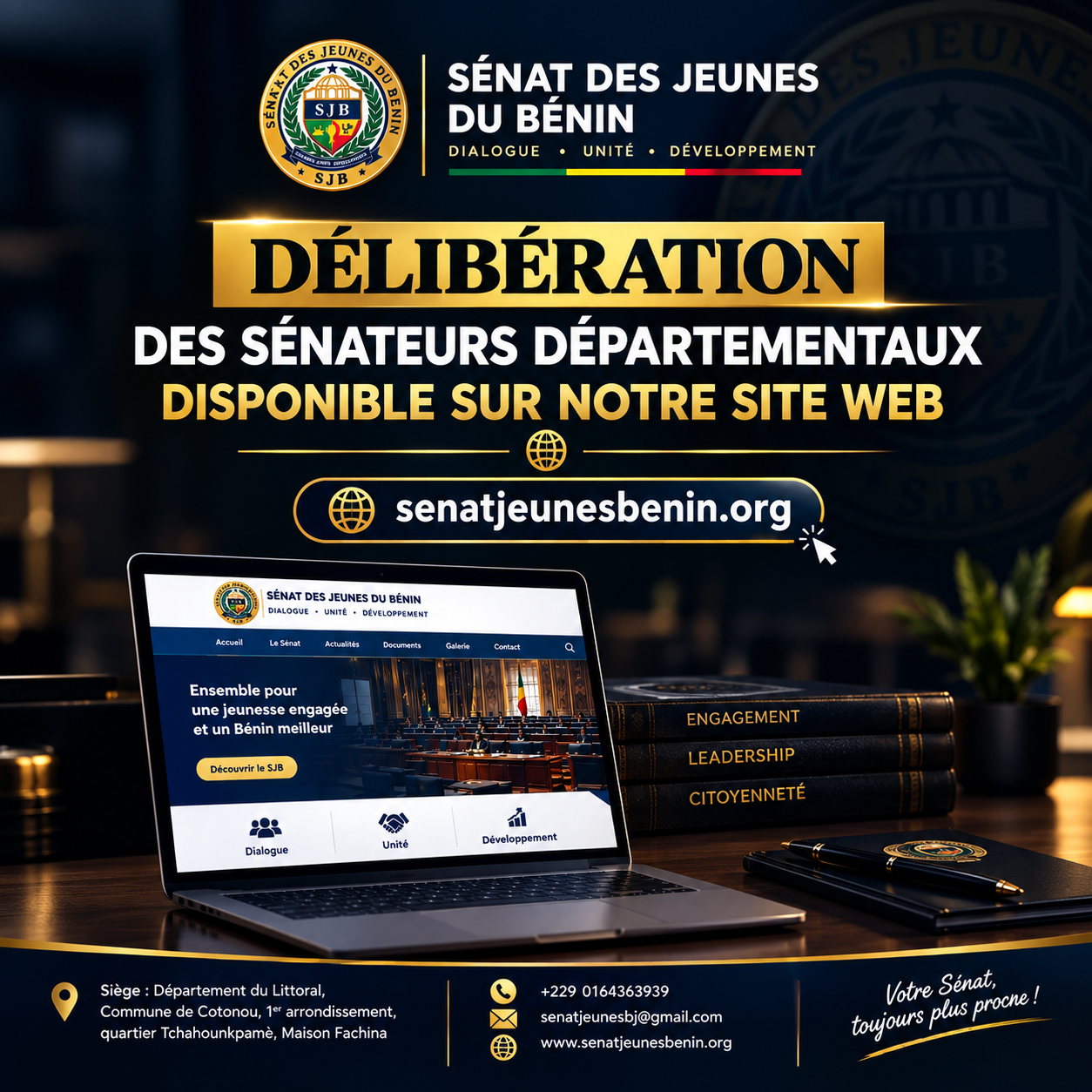 Affiche officielle — Délibération des Sénateurs départementaux disponible sur senatjeunesbenin.org